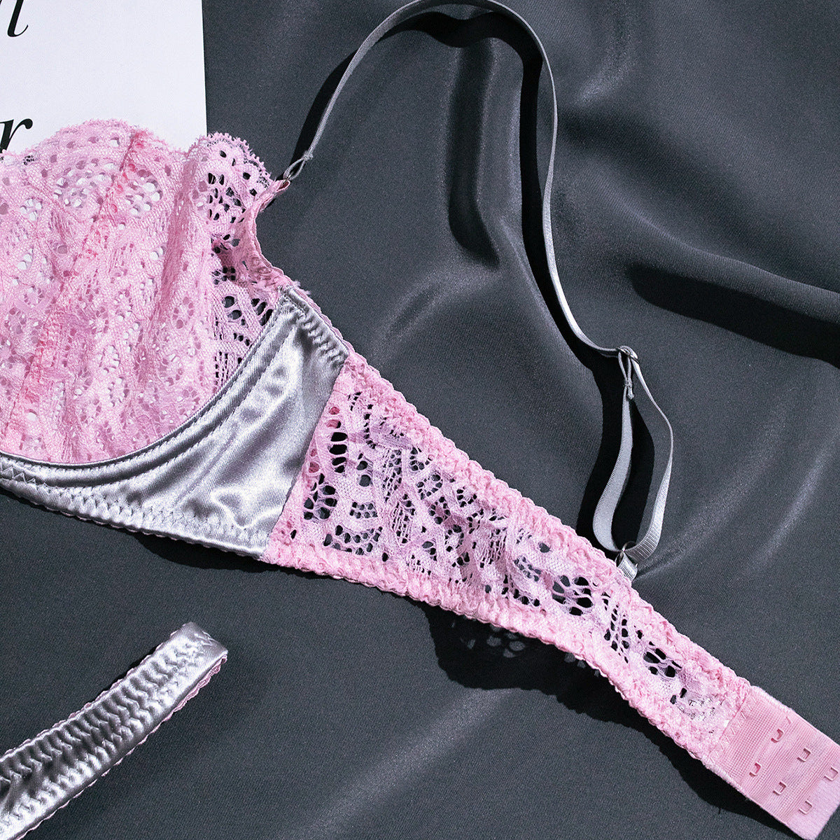 Wholesale Sexy Lace Lingerie Set in Silver Gray and Pink Contrast Strapy Details