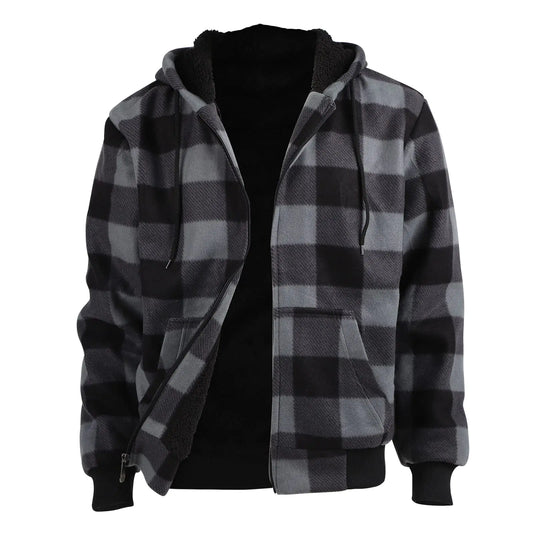 Facitisu Mens Plaid Fleece Jackets Warm Winter Workout Casual Flannel Lined Full Zip Hoodie Plus Size S-5XL