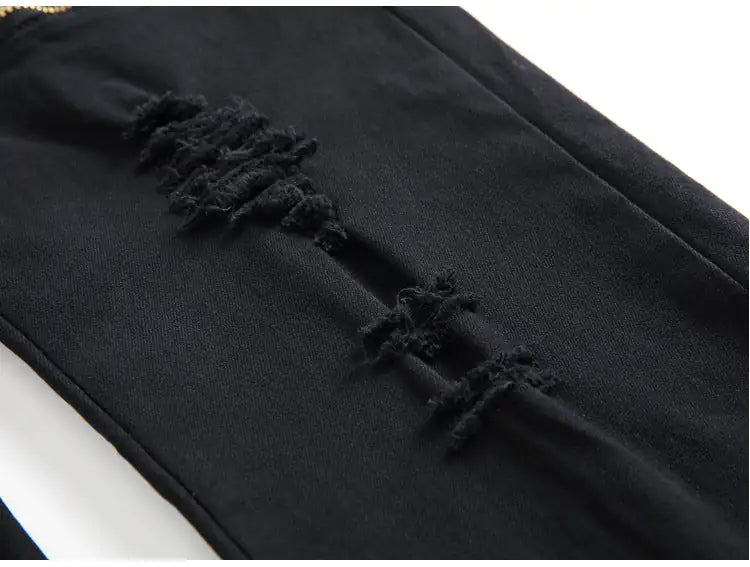 Zippered Holes Elastic Trend Denim Pants