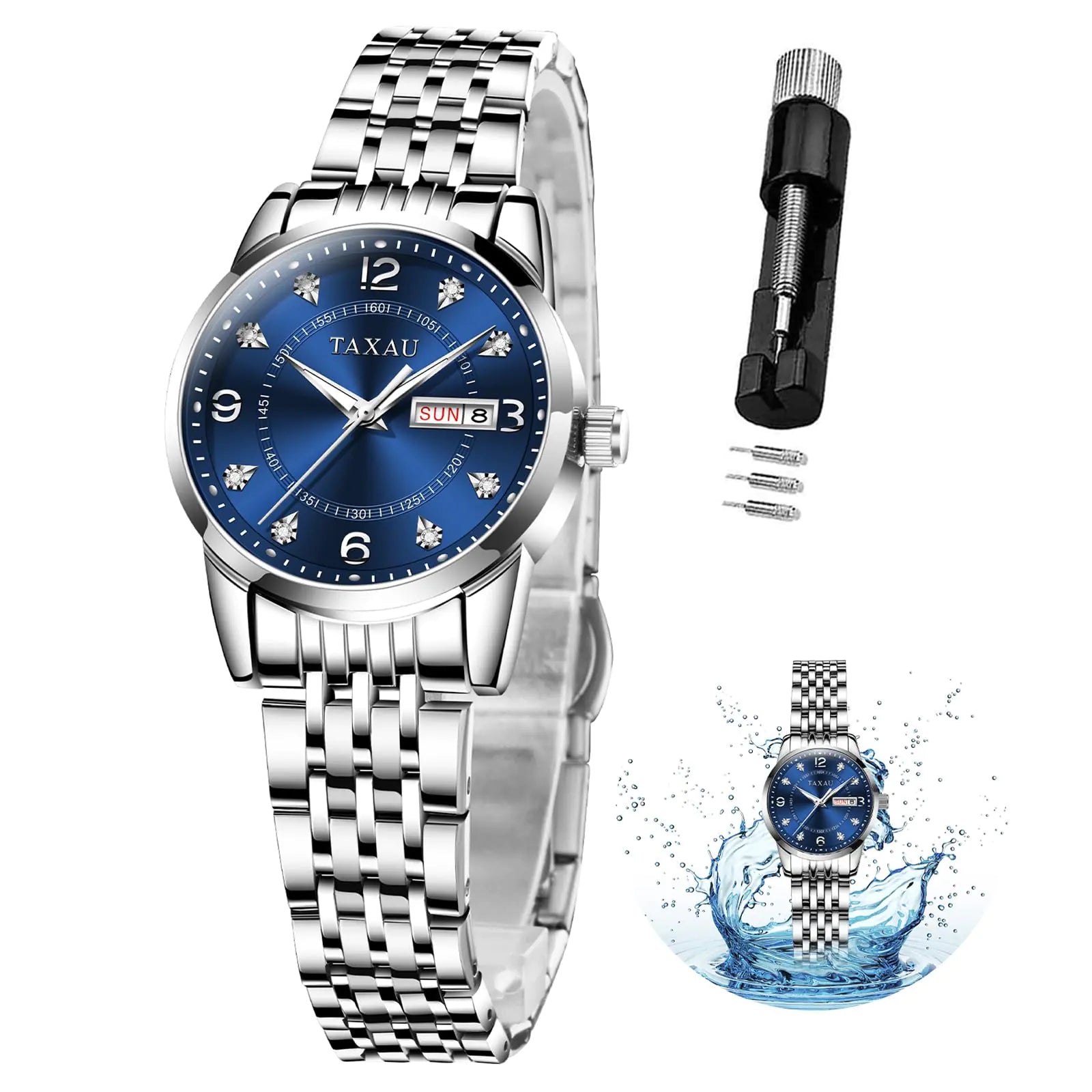 Relojes Taxau para mujer, reloj azul, reloj plateado para mujer, relojes de vestir de lujo a la moda para mujer con fecha, relojes de acero inoxidable resistentes al agua para mujer, reloj pequeño para mujer, reloj de cuarzo para mujer