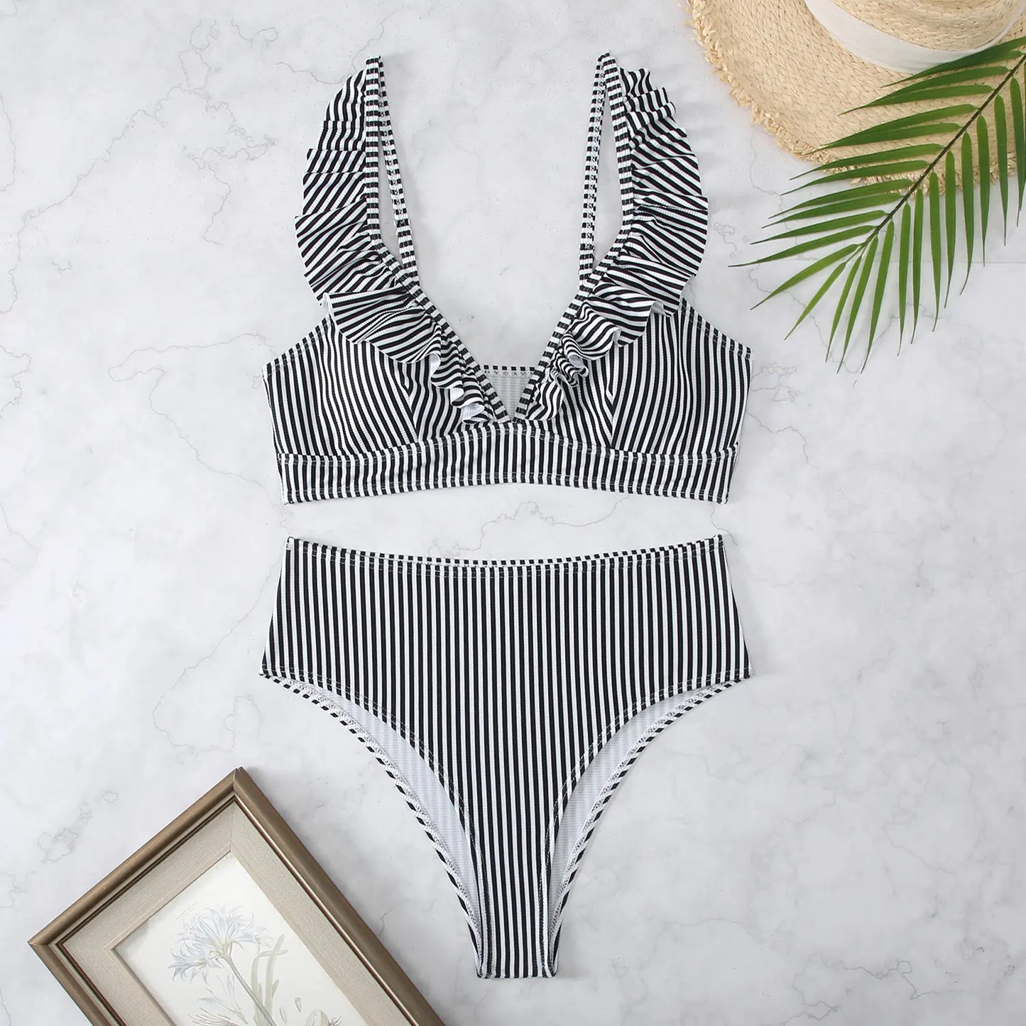 High-Waisted Women's Striped Bikini with Ruffle Straps