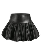 MakeMeChic Damen Ballon-Minirock aus Leder mit Rüschensaum, A-Linie, Y2K, kurze Röcke, Schwarz, Größe L