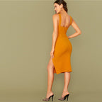 Bright Yellow Solid Split Hem Sexy Thick Strap Dress Without Belt Women Autumn Sleeveless Night Out Bodycon Dresses