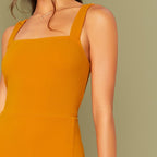 Bright Yellow Solid Split Hem Sexy Thick Strap Dress Without Belt Women Autumn Sleeveless Night Out Bodycon Dresses