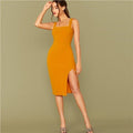 Bright Yellow Solid Split Hem Sexy Thick Strap Dress Without Belt Women Autumn Sleeveless Night Out Bodycon Dresses