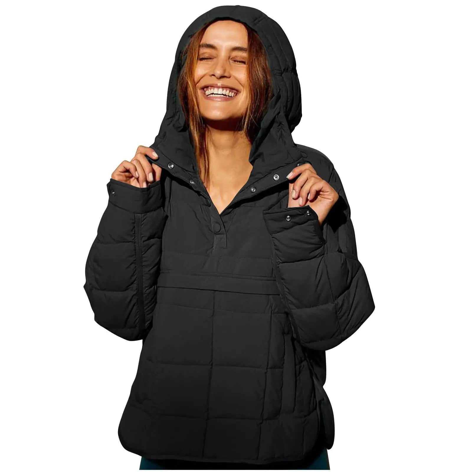 Womens Quilted Pullover Puffer Jacket Lightweight Button Long Sleeve Coat Oversized Packable Hooded Jacket Top Black