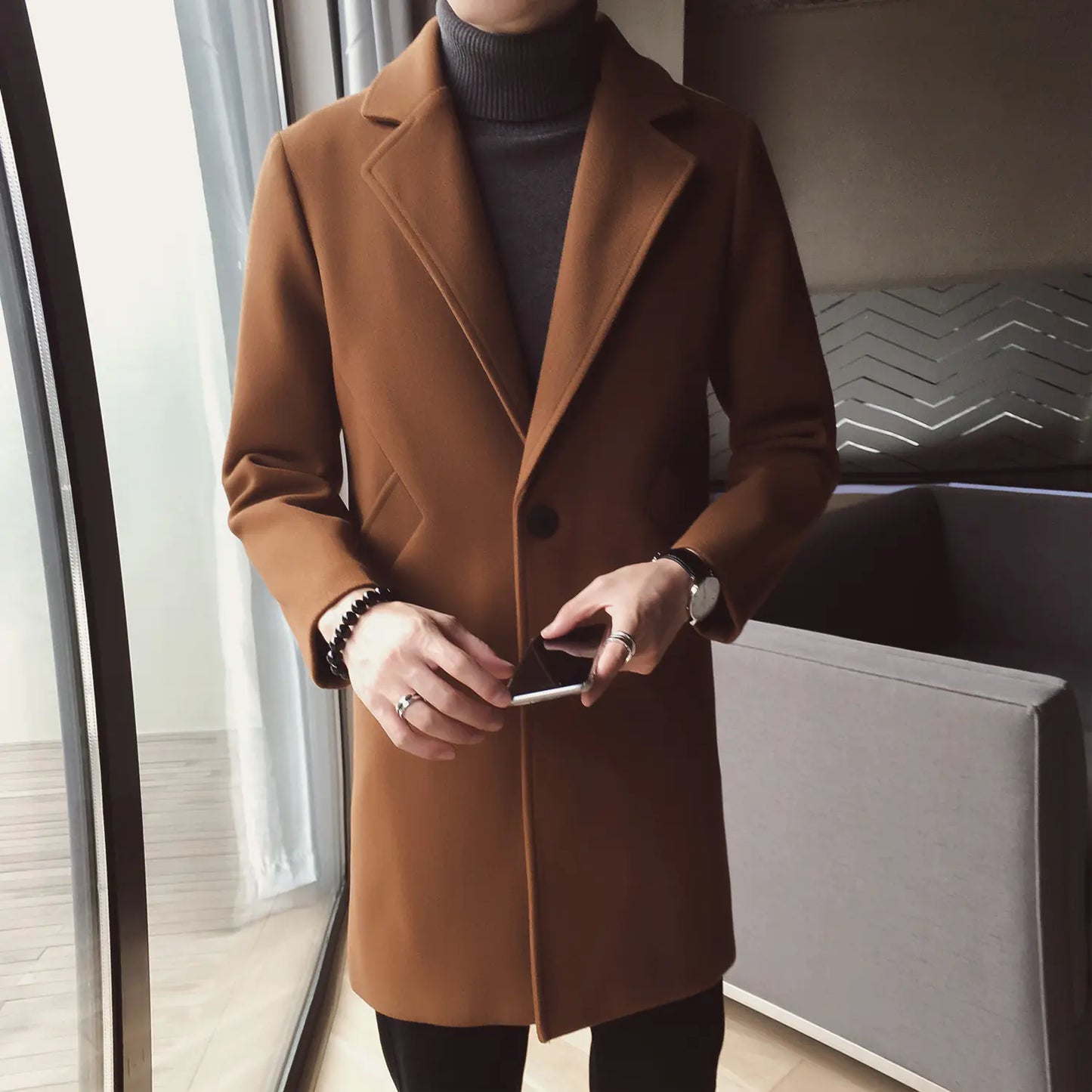 Mid-Length Woolen Coat for Men