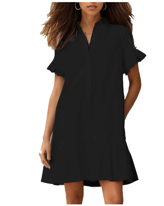 YEXPINE Womens Ruffle Mini Shirt Dress Short Sleeve Button Up Shift Dress Cotton Drop Waist Shirt Dress Black