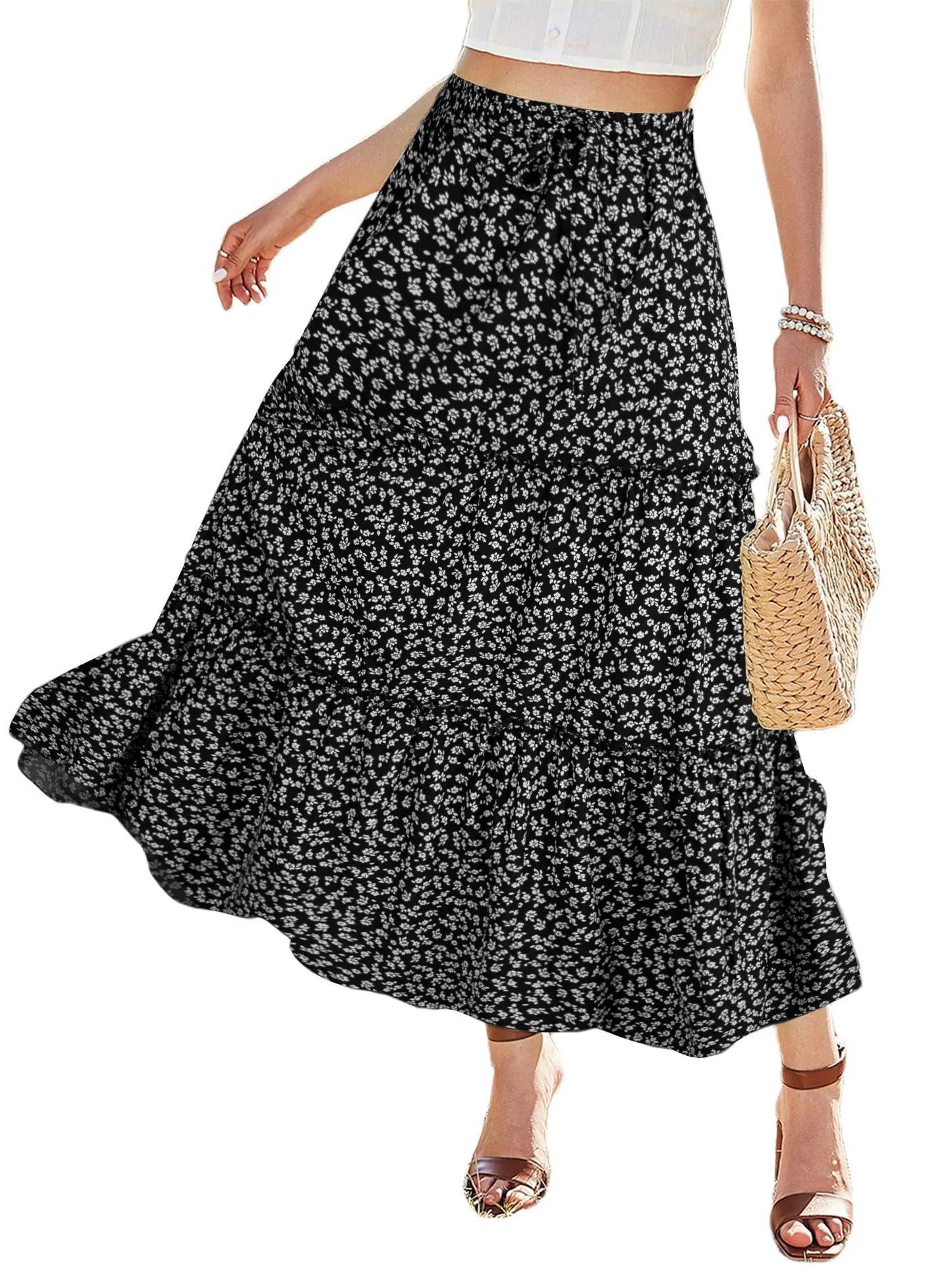 Avanova Women Flower Print Layer Ruffle High Waist A Line Maxi Skirts Elastic Swing Casual Long Skirts Black Floral Large