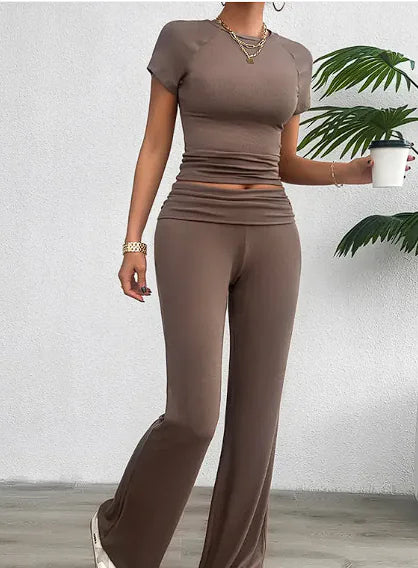 Solid Color Slim Fit Short Sleeve Trousers Suit