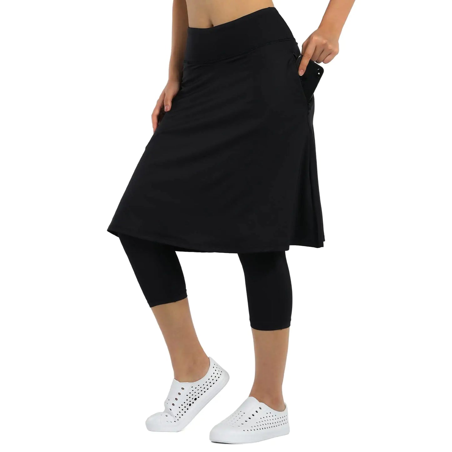 Women Knee Length Athletic Skirts with LeggingsSkirted Leggings Skorts Capris with Skirts for Women Skort Zipper Pockets(Black S)