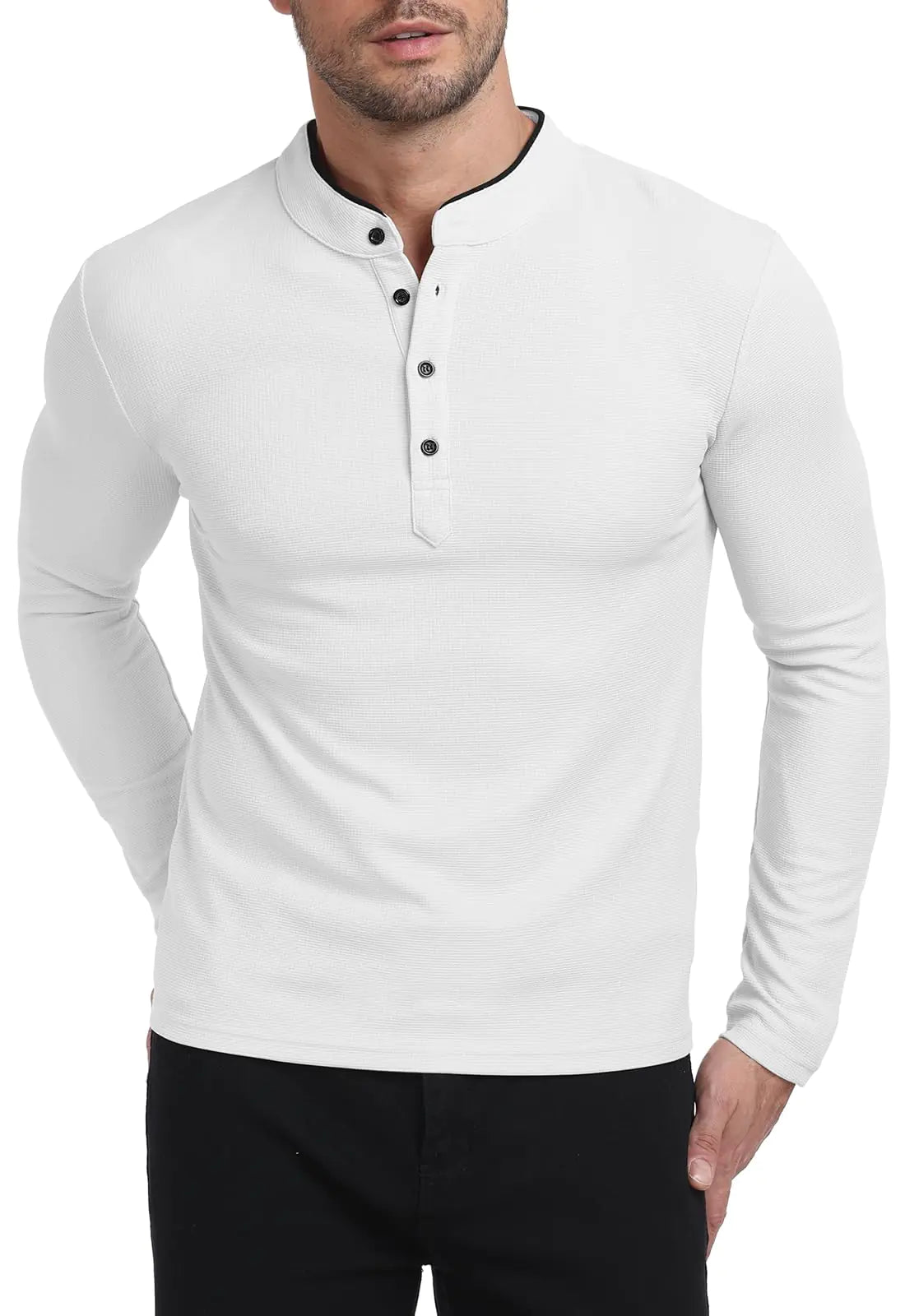 KUYIGO Mens Long Sleeve Waffle Mandarin Polo Shirts Fashion Button Slim Fit Casual Tops T-Shirt White XL