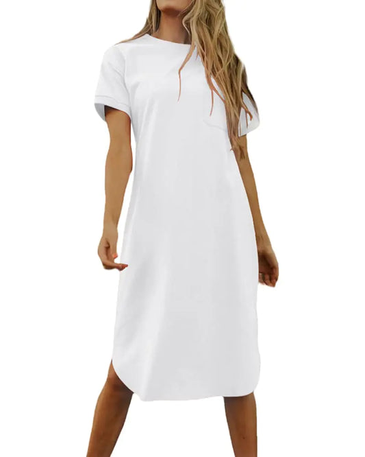 Dyexces Womens Summer Tshirt Midi Dresses Tshirts Crew Neck Short Sleeve Dress T-Shirts Solid Basic Casual Maxi Dresses with Pocket T-Shirt Dresses White