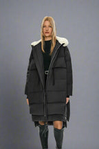 Orolay Damen Lange Daunenjacke Winter Pufferjacke Warmer Mantel mit Kunstpelzkragen Schwarz Klein