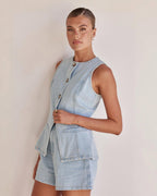 Sleeveless Denim Vest for Women with Front Pockets