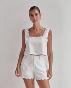 White Linen Crop Top with Scalloped Hem – Minimal & Elegant