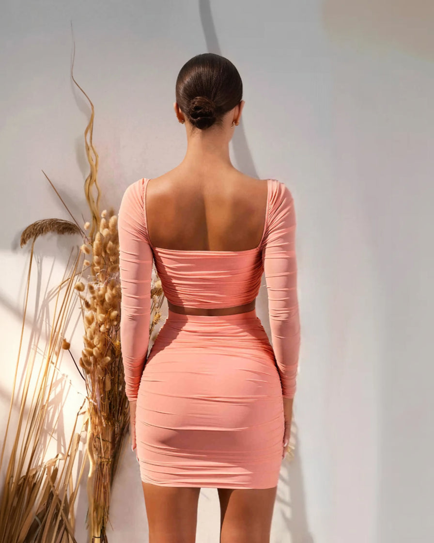 Long Sleeve Crop Top and Ruched Skirt Set