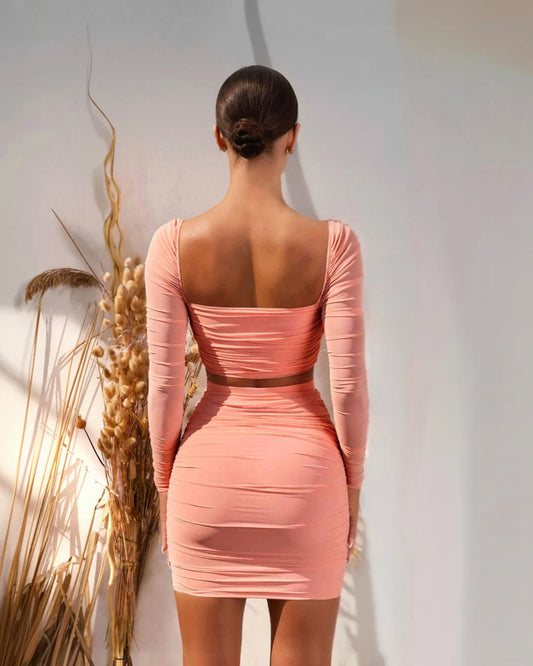 Long Sleeve Crop Top and Ruched Skirt Set