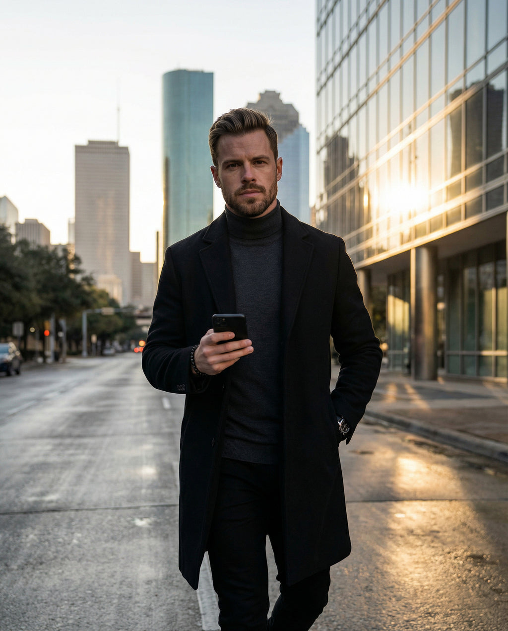 Mid-Length Woolen Coat for Men