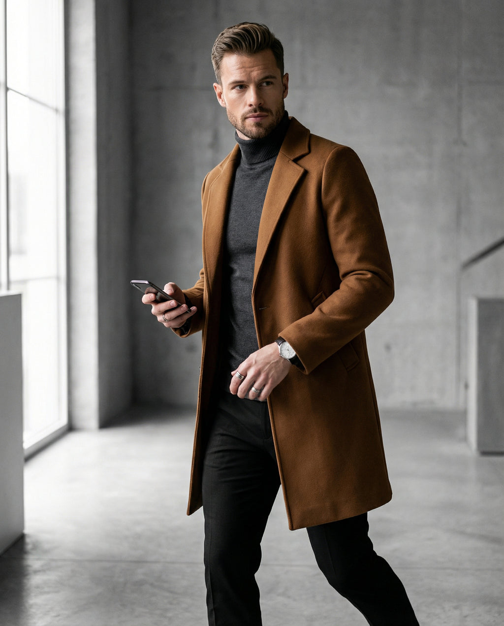 Mid-Length Woolen Coat for Men