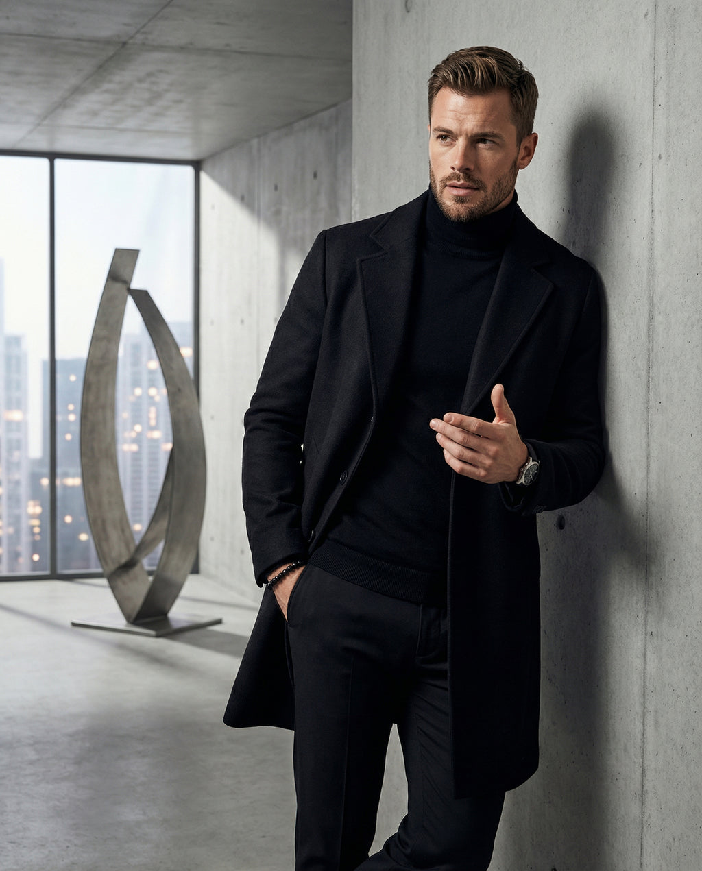 Mid-Length Woolen Coat for Men