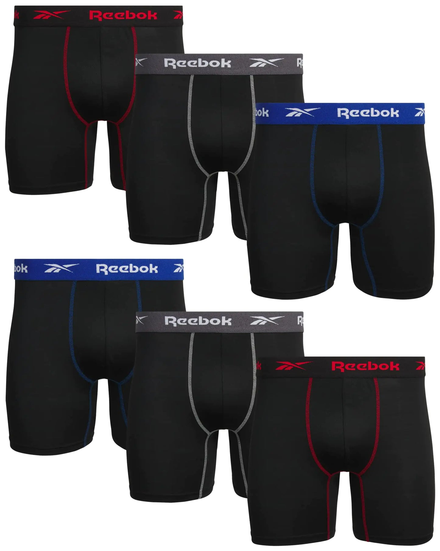 Reebok Mens Boxer Briefs - 6 Pack Athletic Boxers with Contour Pouch - Performance Underwear Boxers for Men (Sizes: S-XL) Size X-Large Black Contrast