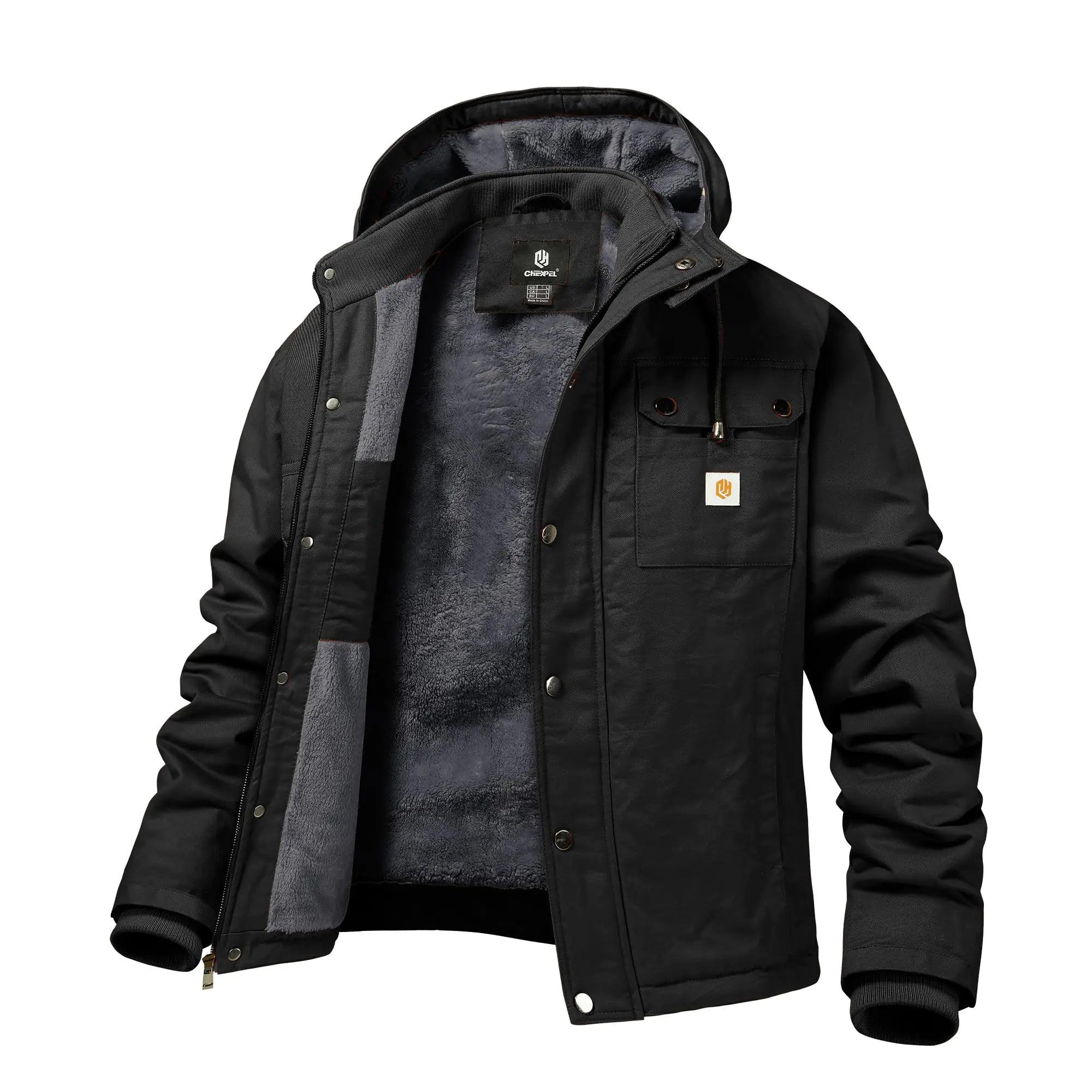 CHEXPEL Herren-Arbeitsjacke für Herbst und Winter, lockere Passform, Arbeitsmantel, Fleece-gefütterte Canvas-Jacke mit Kapuze