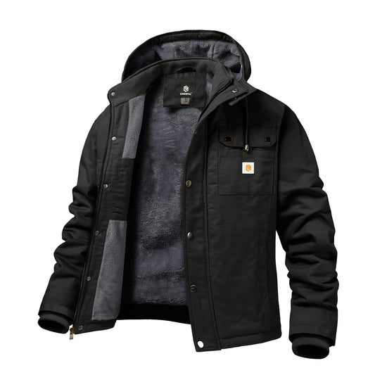 CHEXPEL Mens Fall and Winter Utility Jacket Relaxed Fit Work Coat Jacket Fleece Lined Hooded canvas Jacket