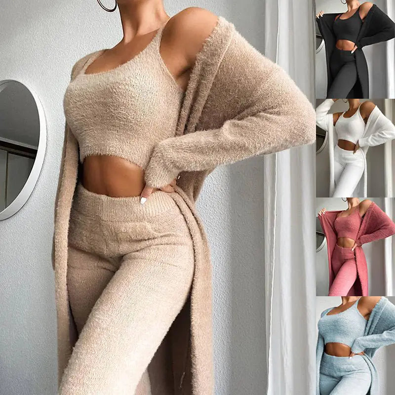 3 Pcs Womens Clothing Fashion | Crop Top & Skinny Pants & Longline Coat Set