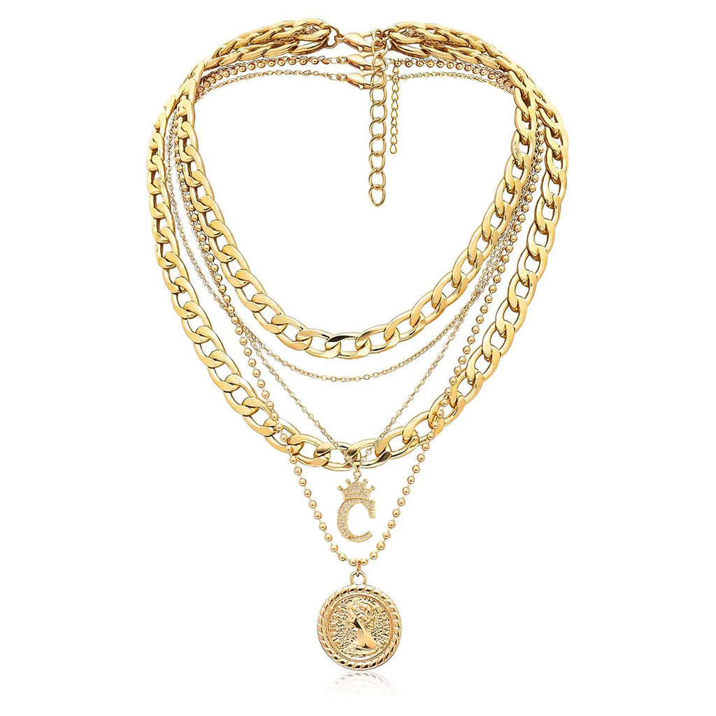 MJartoria Gold Layered Necklaces for Women Trendy Retro Coin Crown Letter Pendant Necklace Dainty Chunky Chain Choker Necklaces for Jewelry Birthday Gifts (Gold C)