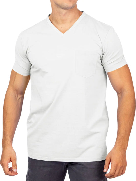 Runcati Mens V Neck Pocket T-Shirts Short Sleeve Casual Basic Summer Beach Cotton Tee Tops White