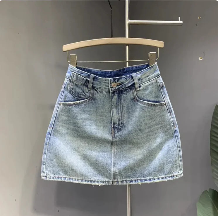 Classic Washed Denim A-Line Skirt – Elegant & Versatile