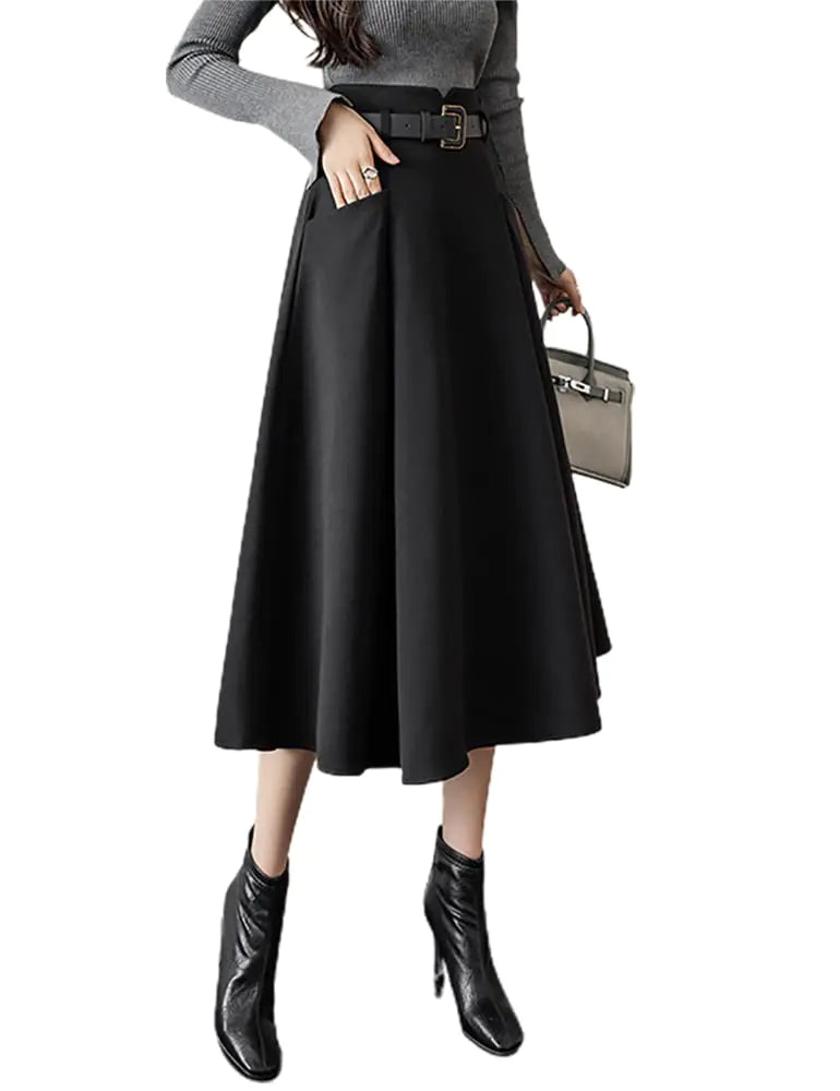 IDEALSANXUN Wool Midi Skirts for Womens High Waisted A Line Pleated Belted Fall Winter Skirts Black XL