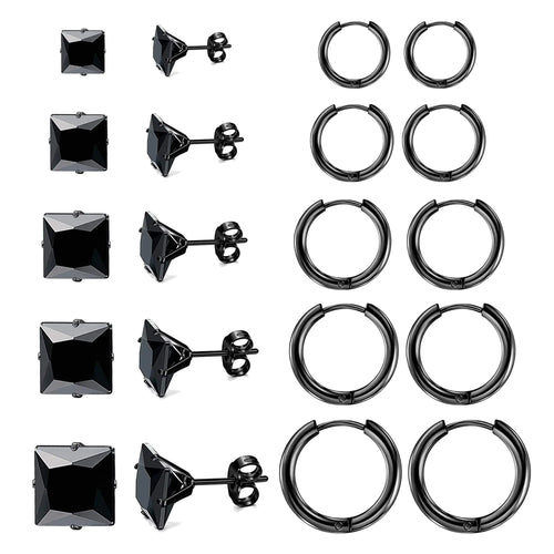 ALEXCRAFT - Juego de 10 pares de pendientes negros para hombre, pequeños aros negros