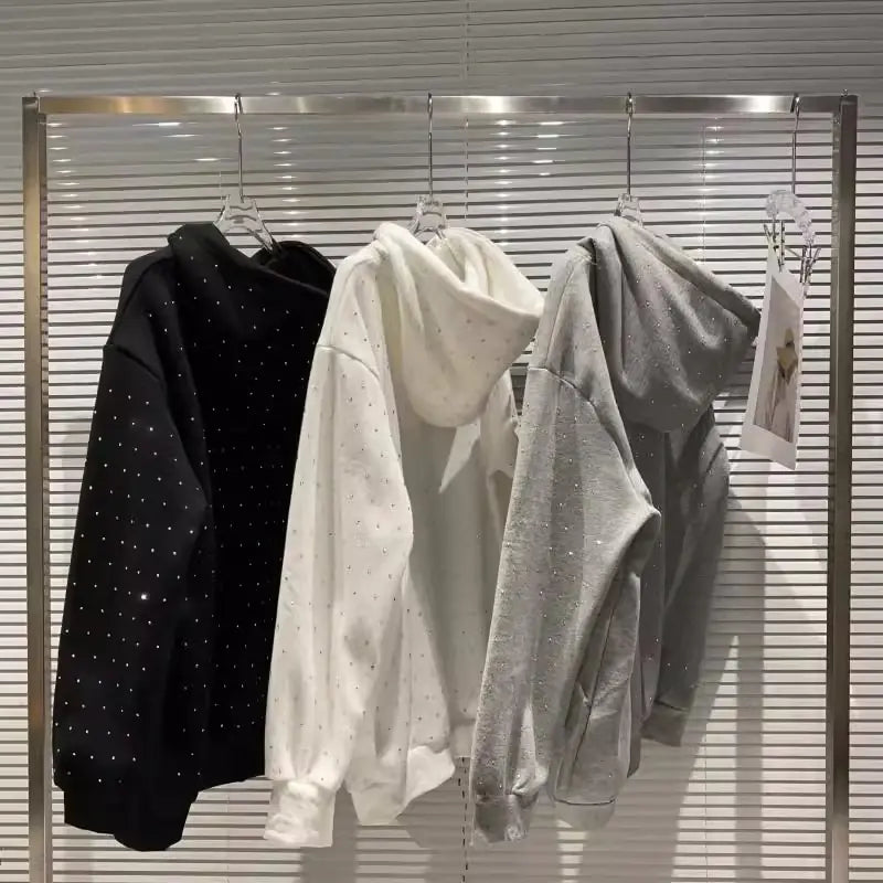 Rhinestone Shiny Loose Pullover Hoodie