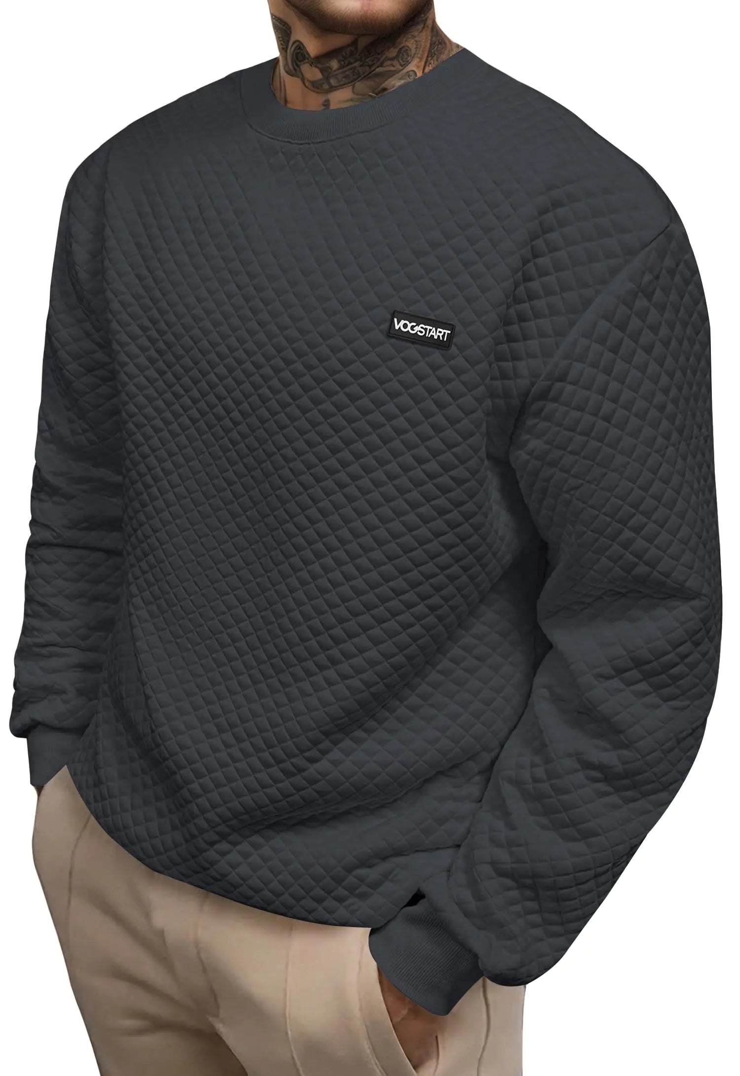 VOGSTART Herren-Sweatshirt, gesteppt, langärmelig, Rundhalsausschnitt, lässig, einfarbig, Herbstpullover, klassisches Hemd, Dunkelgrau, XXL