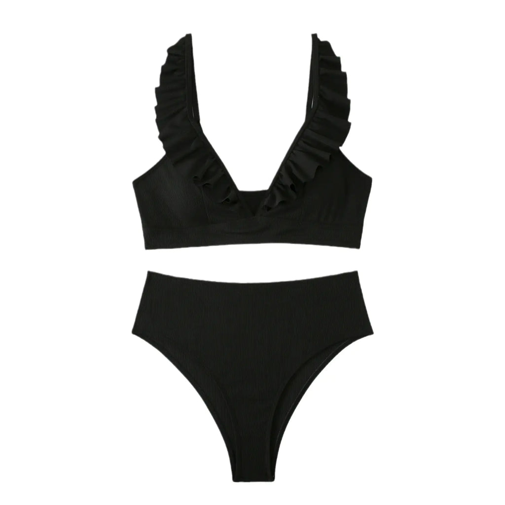 High-Waisted Women's Striped Bikini with Ruffle Straps