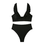 High-Waisted Women's Striped Bikini with Ruffle Straps