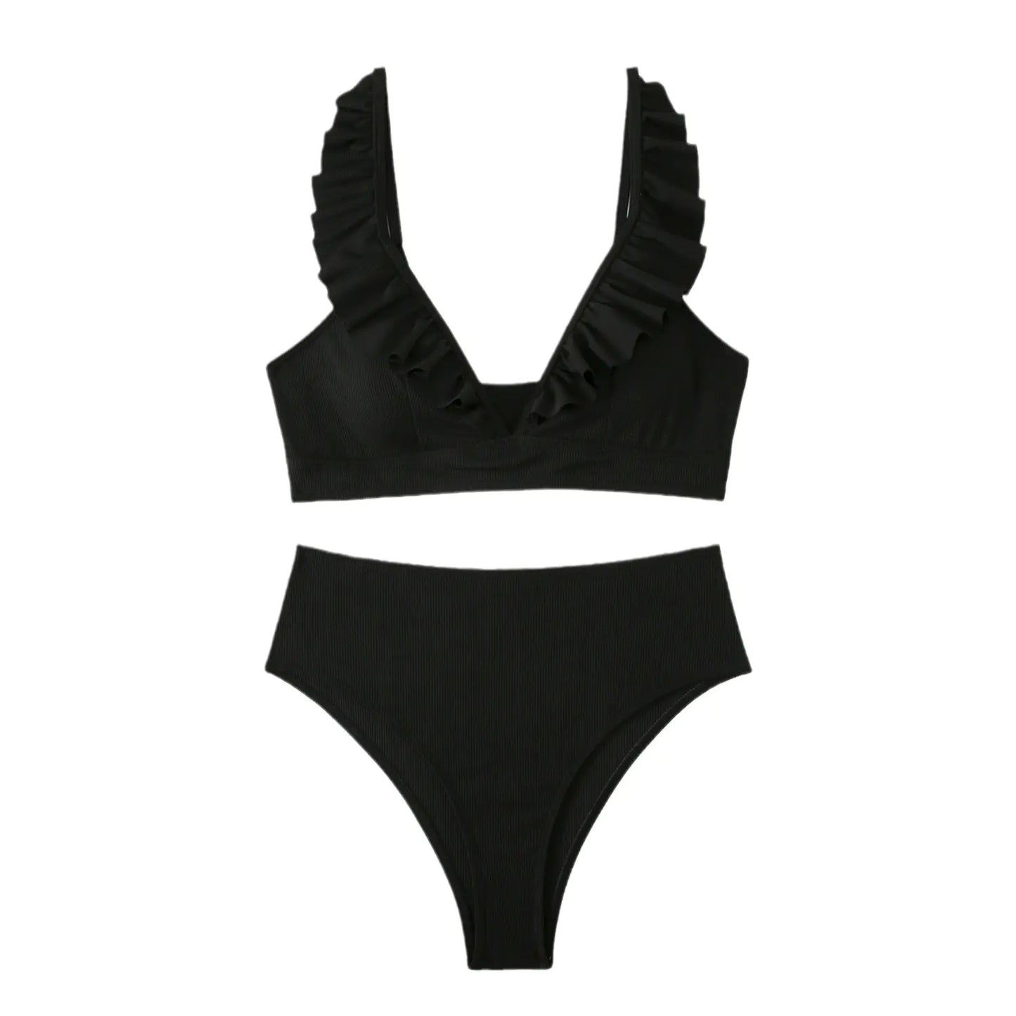 High-Waisted Women's Striped Bikini with Ruffle Straps