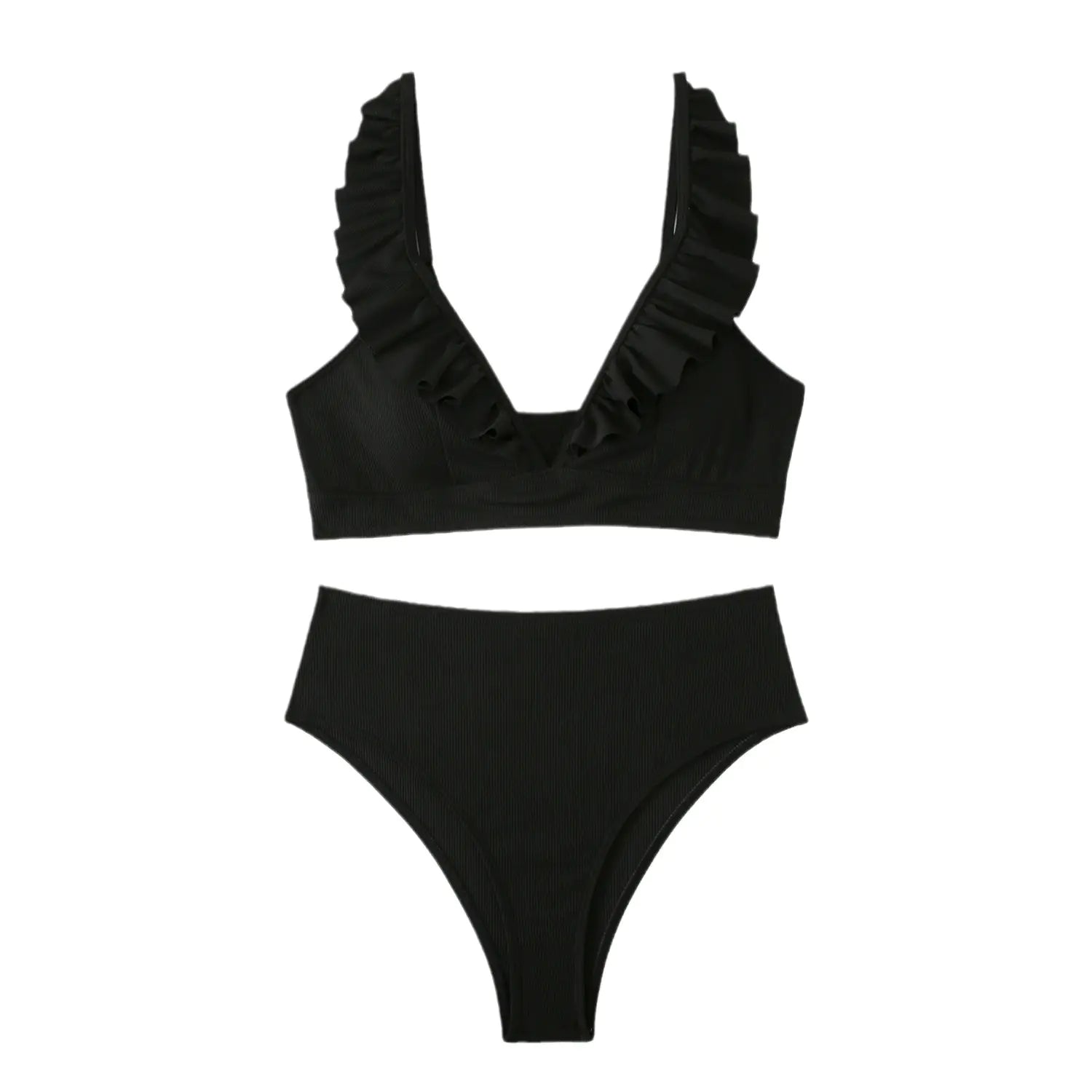 High-Waisted Women's Striped Bikini with Ruffle Straps