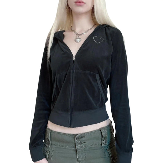 Multitrust Women Velvet Crop Zip Up Jacket Long Sleeve Y2K Casual Fall with Pocket Winter Outfits (Heart Black S)