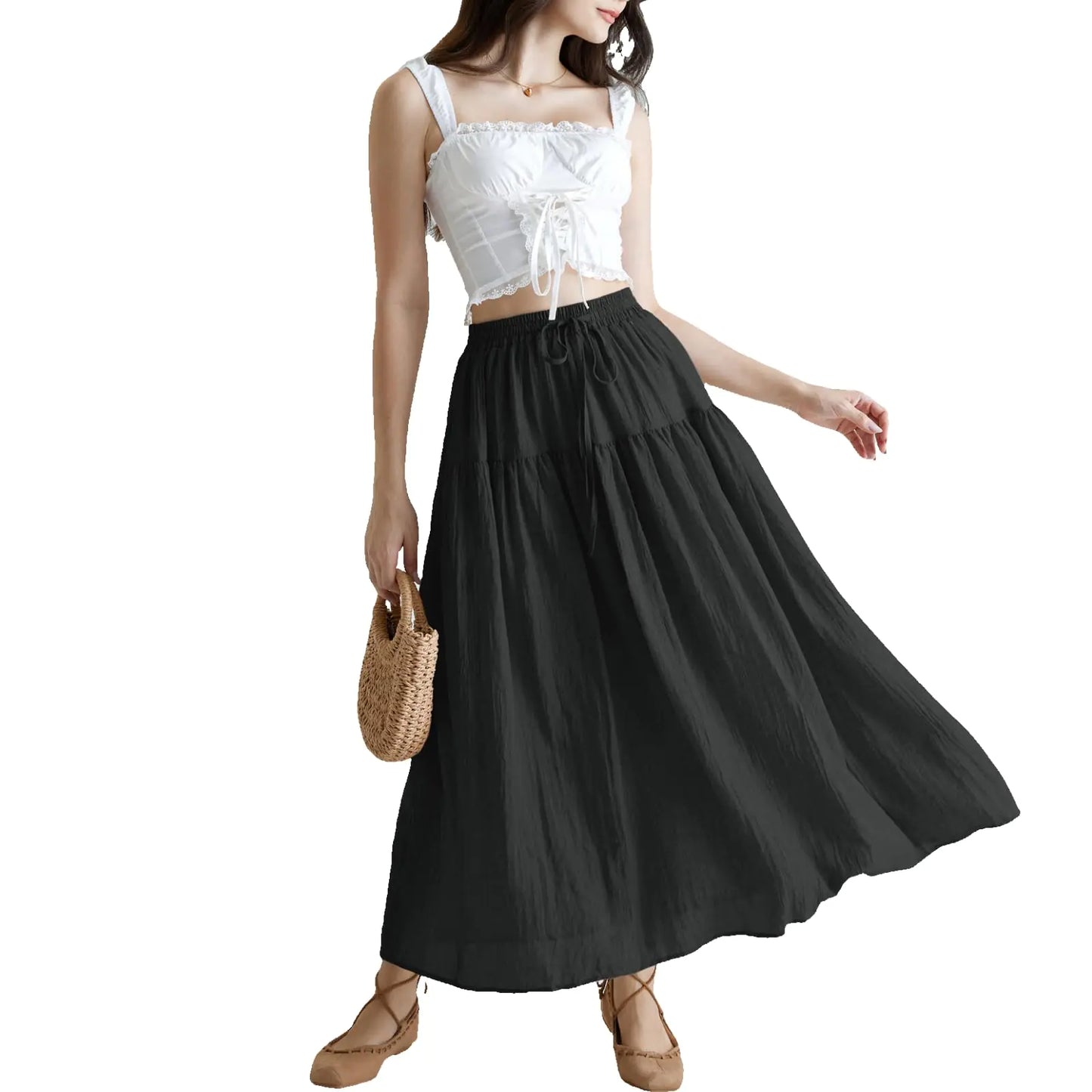 Womens Maxi Skirt with Pockets A Line Medieval Renaissance Long Skirts Black S