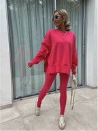 Women's Casual Sweater Set with Split Top and Tight Trousers