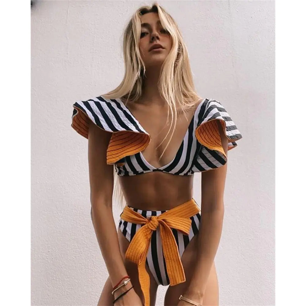High-Waisted Striped Bikini Swimsuit