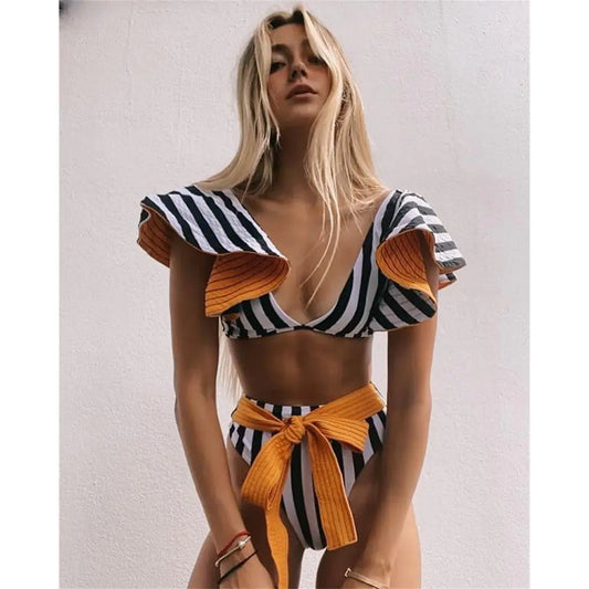 High-Waisted Striped Bikini Swimsuit