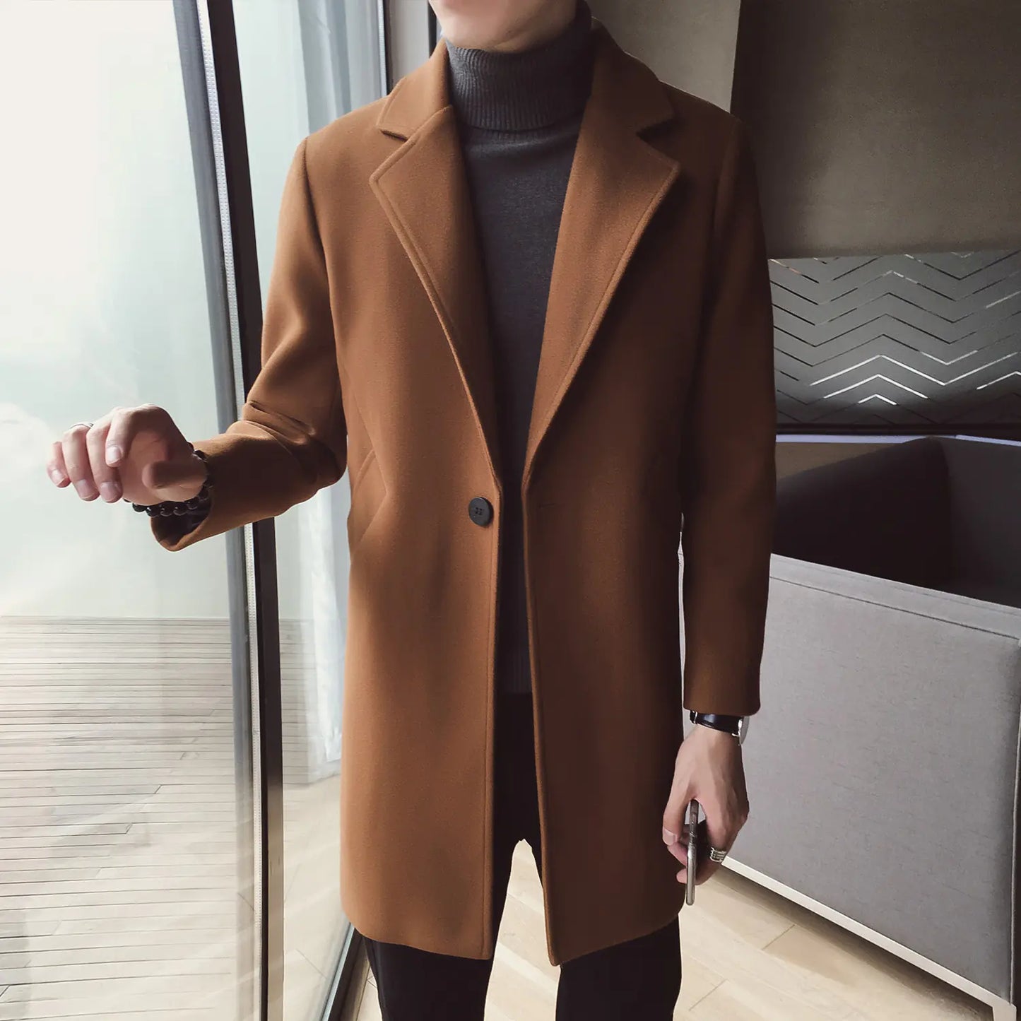 Mid-Length Woolen Coat for Men