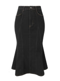 Allegra K Womens Casual Denim Skirt High Waist Ruffle Bodycon Midi Fishtail Skirts Large Black
