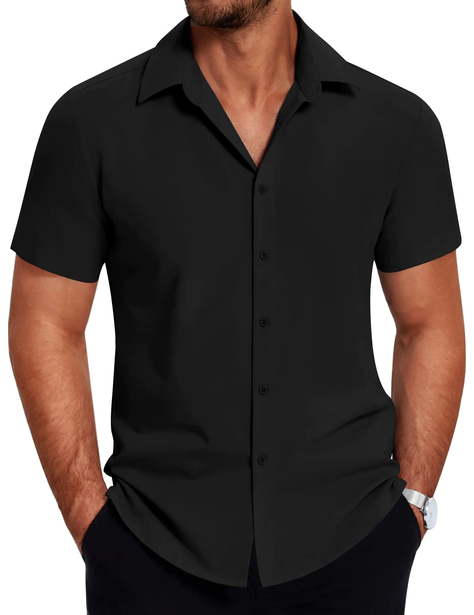 Camisas COOFANDY para hombre, antiarrugas, de manga corta, con botones y corte regular, color negro