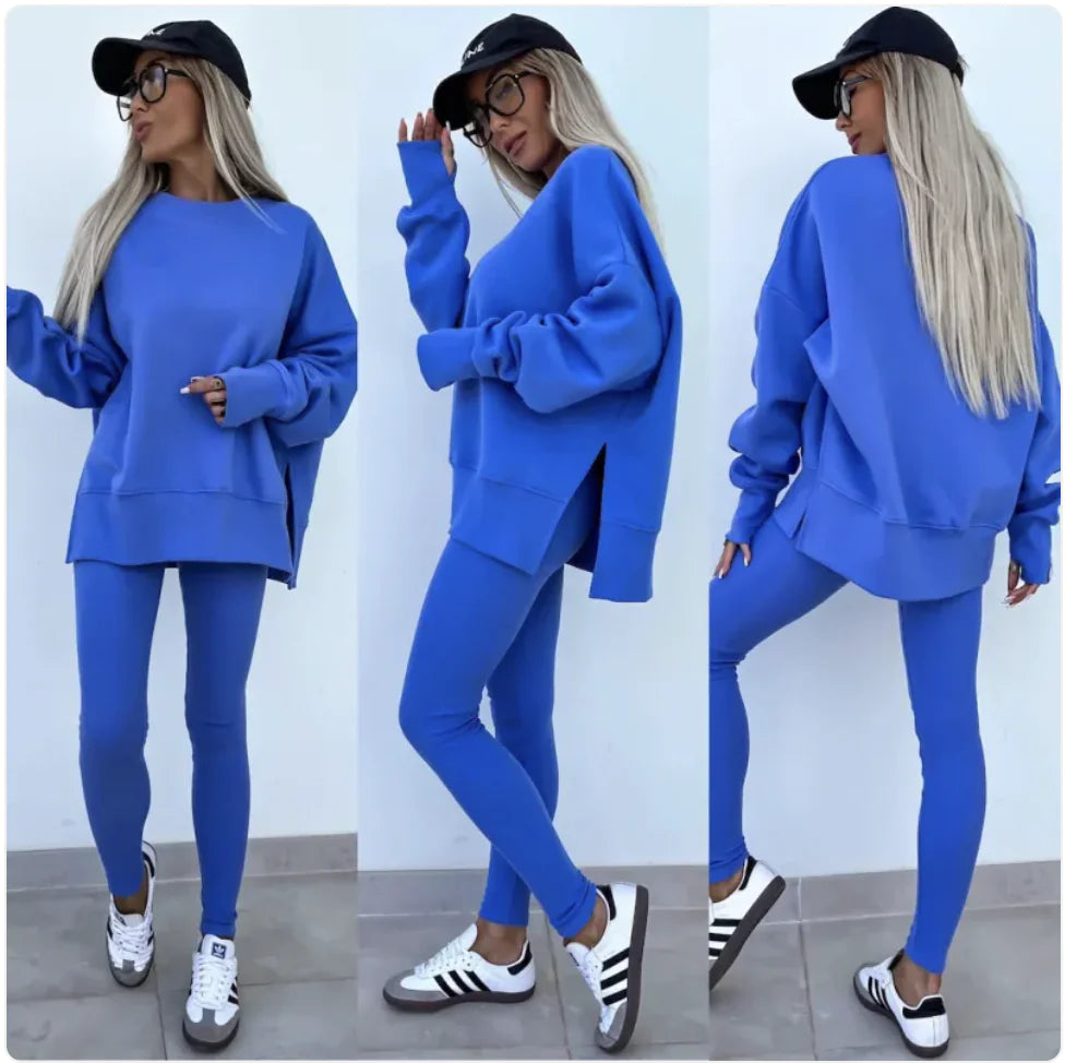 Women's Casual Sweater Set with Split Top and Tight Trousers