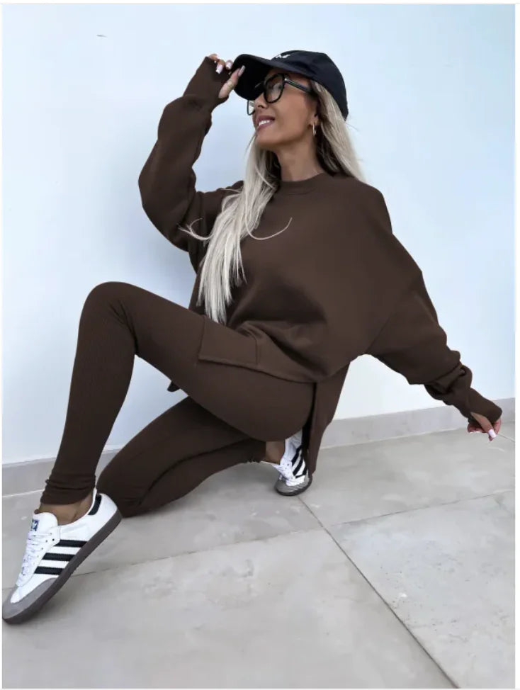 Women's Casual Sweater Set with Split Top and Tight Trousers